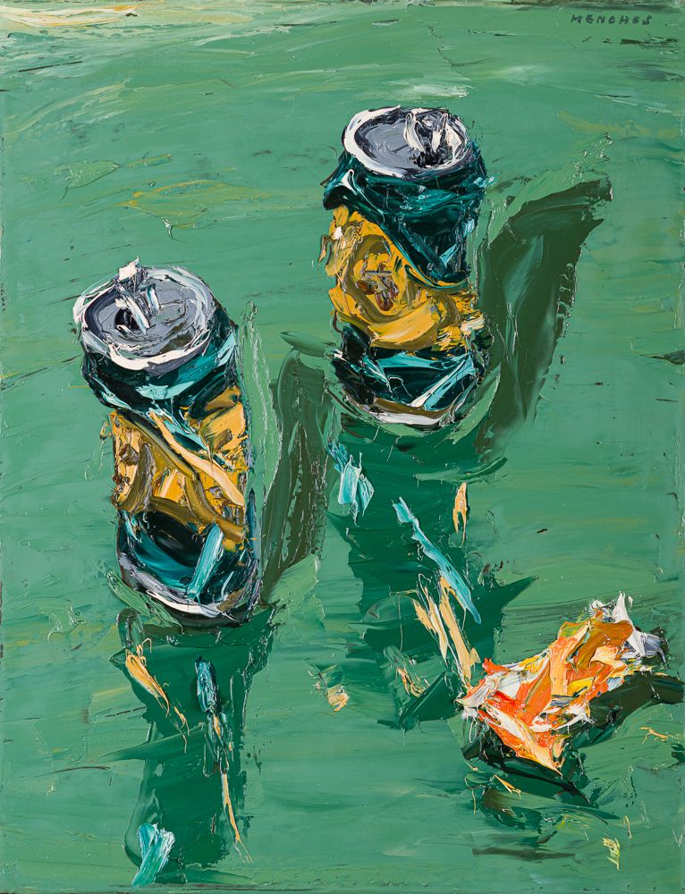 Ohne Titel (Bierdosen, Zigarettenpackung), 1999, Öl auf Leinwand, 45 × 35 cm