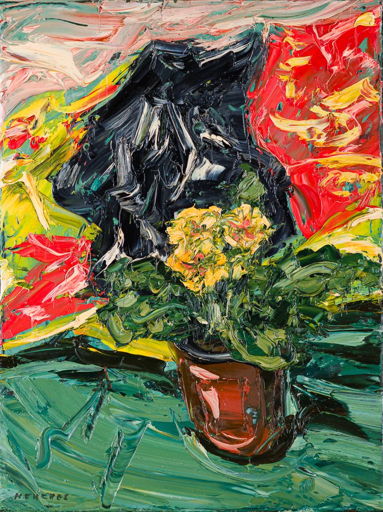 Ohne Titel (Primel und Meinl Sackerl), 2001, Öl auf Leinwand, 40 × 30 cm