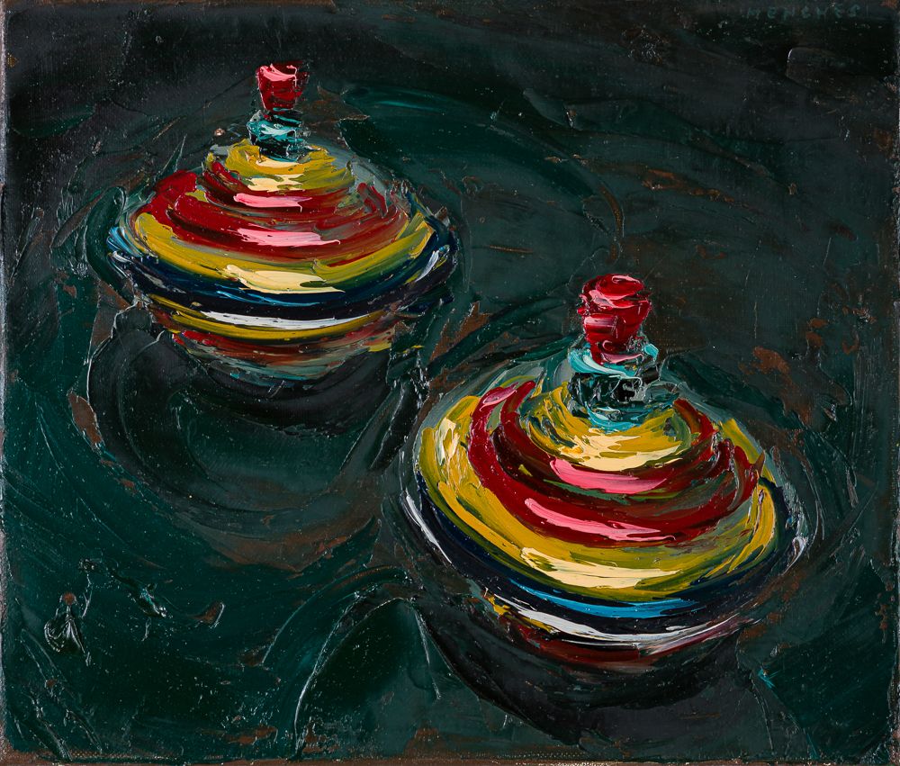 Ohne Titel (Zwei Kreisel), 1994, Öl auf Leinwand, 30 × 35 cm
